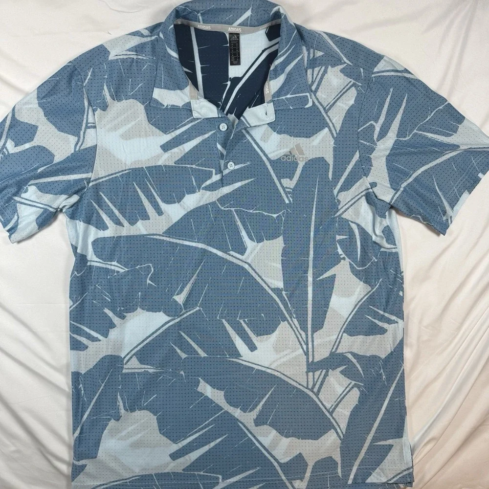 adidas Golf Lightweight Mesh Graphic Print Polo Shirt Blue Men's Size M